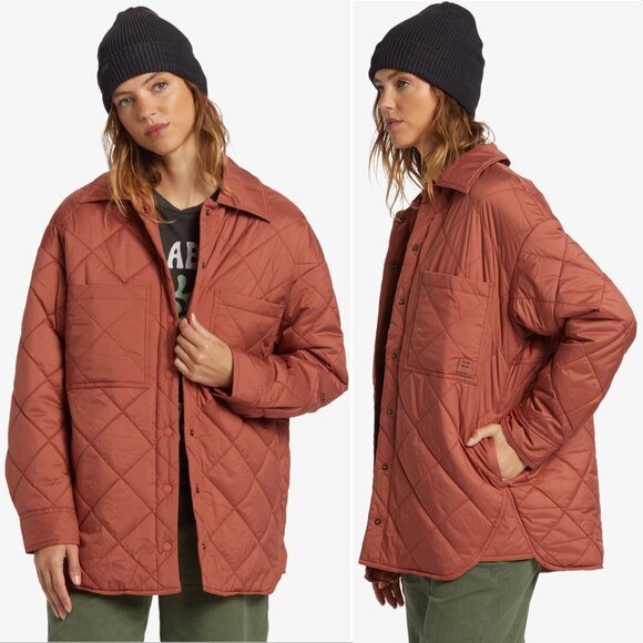Billabong Transport Shacket Snap Front Overshirt Jacket Size L Rust Quilted NEW - Picture 1 of 12